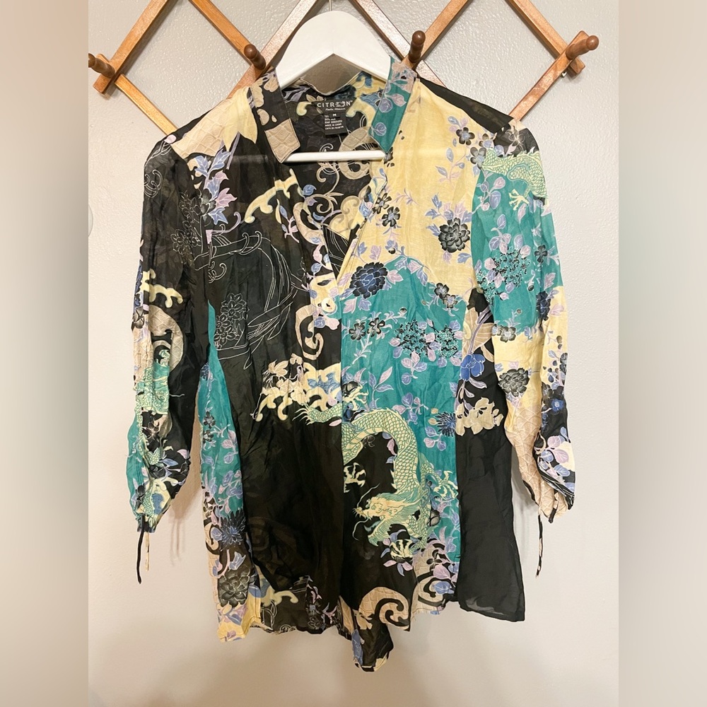 Citron Santa Monica cotton silk blend dragons print button down blouse